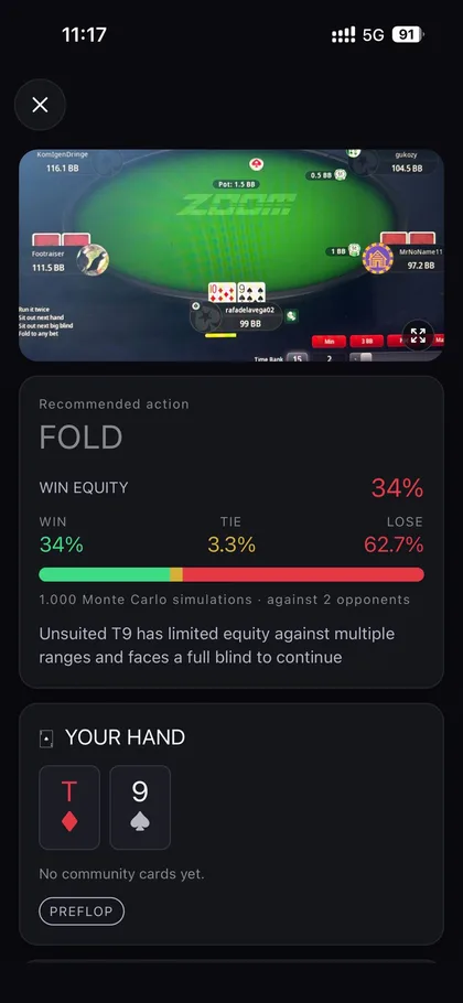 Poker AI screen showing equity, outs and the recommended action for a Texas Hold'em hand